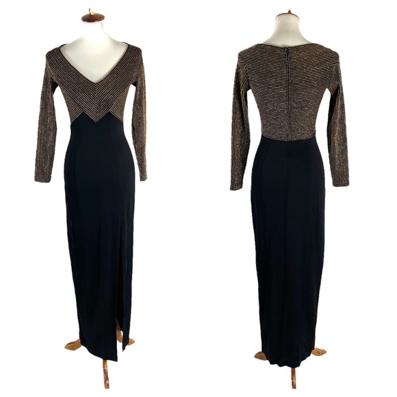 Tadashi Vintage V Neck Long Maxi Dress Long Sleeve Gown SZ XS - Picture 1 of 8